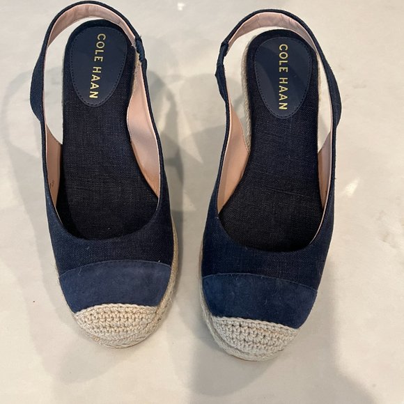 Cole Haan Cloudfeel Espadrille Wedge Slingback Canvas Suede Navy 5 Medium - Picture 1 of 5